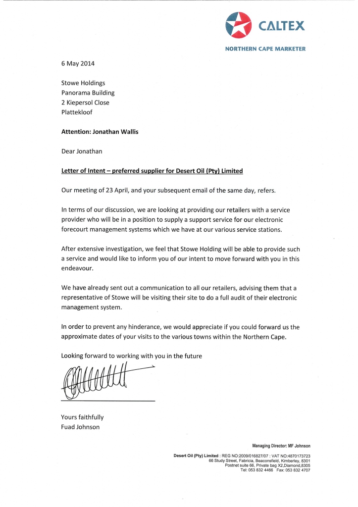 Caltex Northern Cape Marketers Letter of Intent