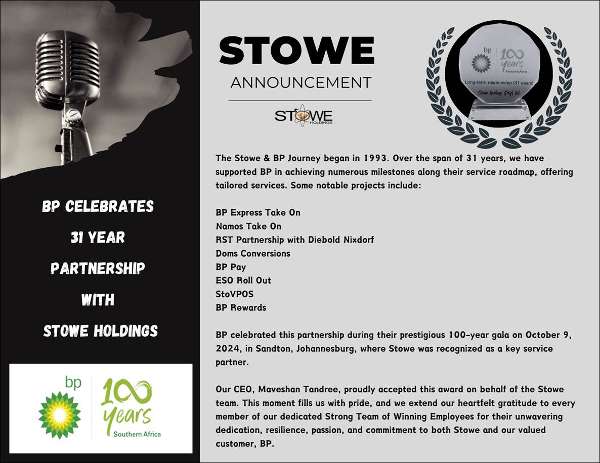 Stowe announcement: BP celebrates 31 year partnership with Stowe Holdings