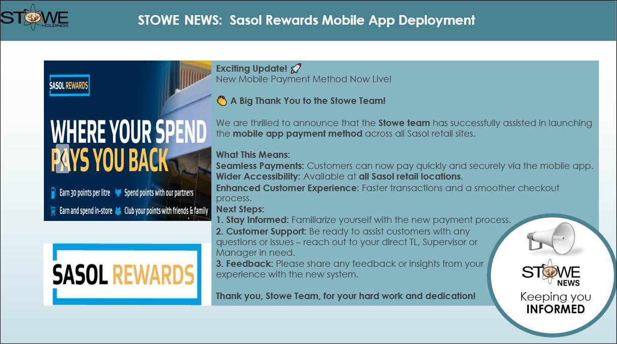 Stowe News bulletin: Sasol Rewards Mobile App Deployment